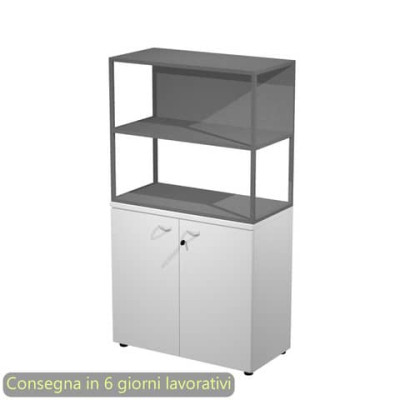 Armadio basso bianco con libreria metallica antracite 90x46xH.165 cm