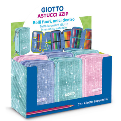 Espositore 6 astucci 3 zip Giotto Super Crystal collezione Supermina fantasie assortite - F964300