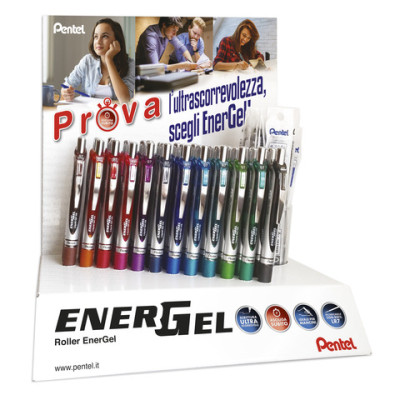 Espositore 84 articoli di cui 42 penne roller a scatto Pentel Energel XM + 42 refill in omaggio colori assortiti -