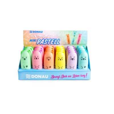 Espositore 24 mini evidenziatori Donau design animaletti tratto 1-5 mm - colori pastello assortiti - 330466924
