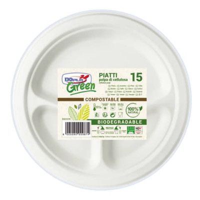 Piatti in polpa di cellulosa Dopla Green a 3 scomparti Ø 254 mm bianco - conf. 15 pz - 7744